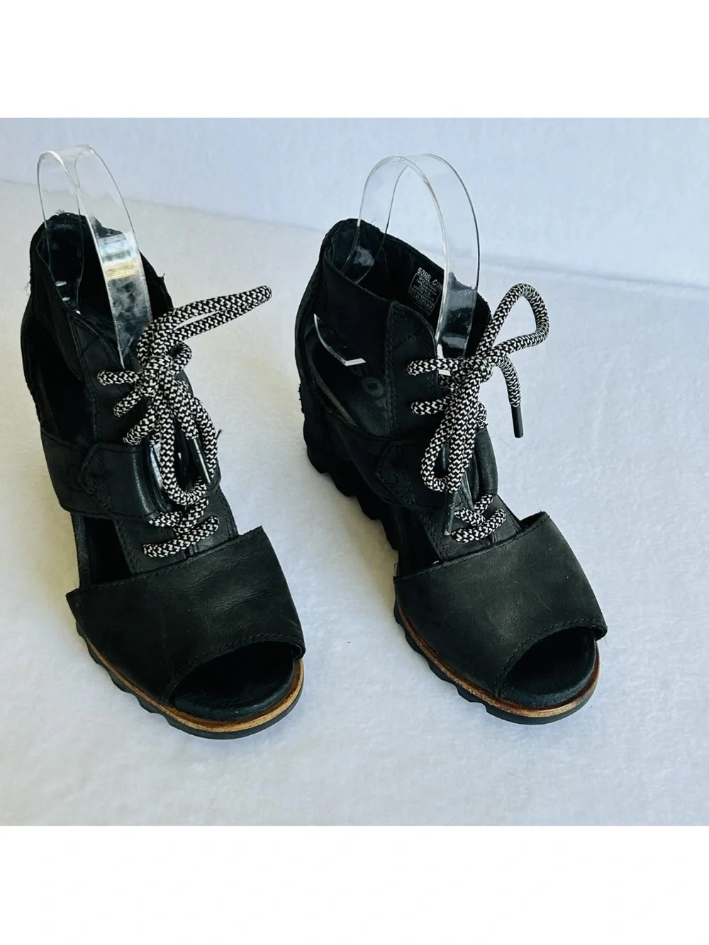 SOREL Women’s Joanie II Lace Up Wedge Leather Sandals Size 6.5 Black Sea Salt